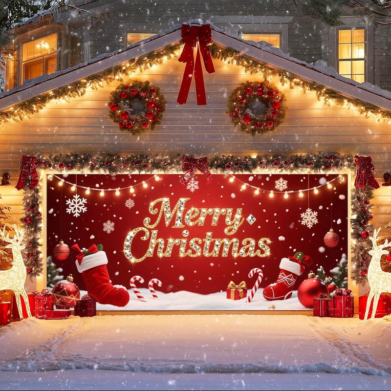 IVN Christmas Garage Door Cover Decoration 13x6ft Red Stockings Candy Canes Snowflakes Ornaments Merry Christmas Winter Garage Door Banner Home Door Front Yard Decor for Xmas Eve Holiday Outdoor - Image 1